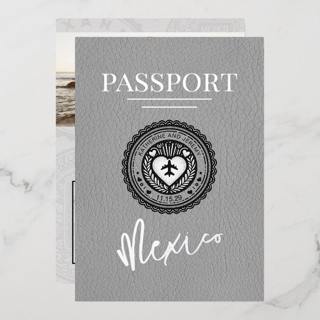 Grey Mexico Passport Wedding Foil Invitation (Front/Back)