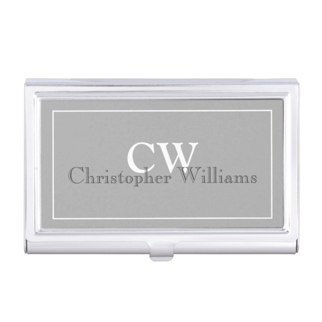 Grey Minimalist Name Monogram Business Card Case (Front)