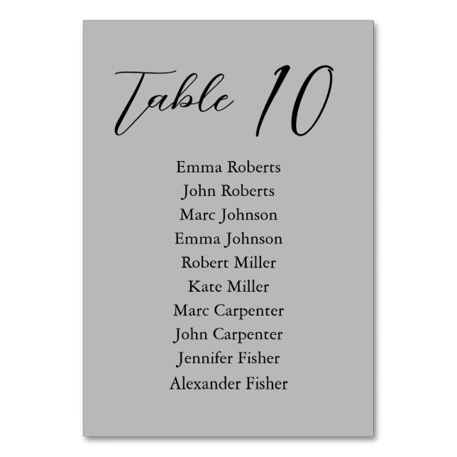 Grey Minimalist Script Wedding Seating Plan Table Number (Back)