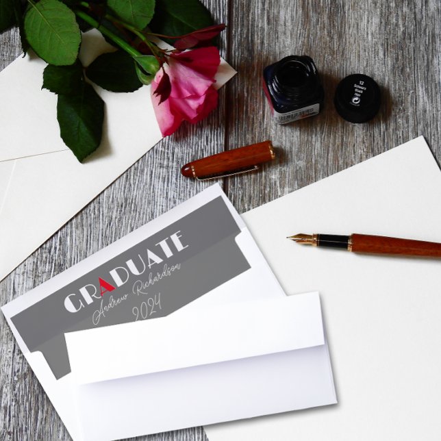 Grey minimalist white red graduation name envelope liner (Creator Uploaded)