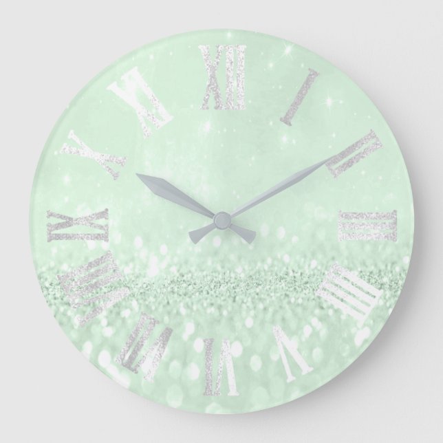 Grey Mint Silver Glitter Metal Roman Numers Large Clock (Front)