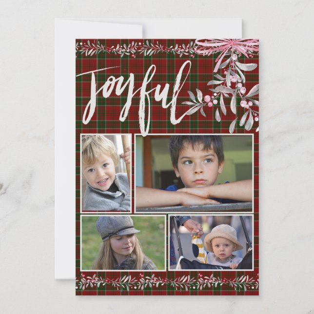 Grey Mistletoe Red Green Christmas Plaid Joyful Holiday Card (Front)