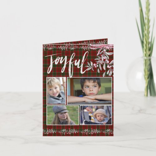 Grey Mistletoe Red Green Christmas Plaid Joyful Holiday Card