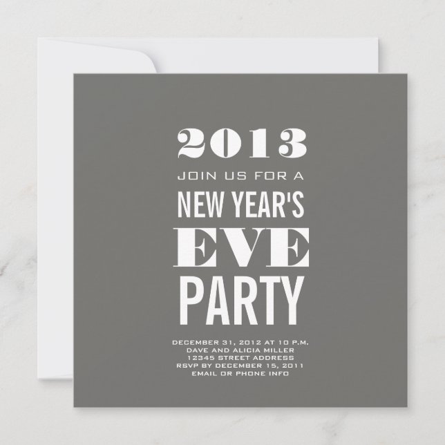 Grey Modern 2013 New Year's Eve Party Invite (Front)