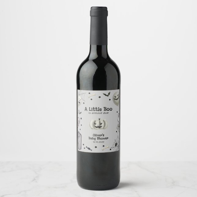 Grey Modern Little Boo Ghost Boy Baby Shower  Wine Label (Front)