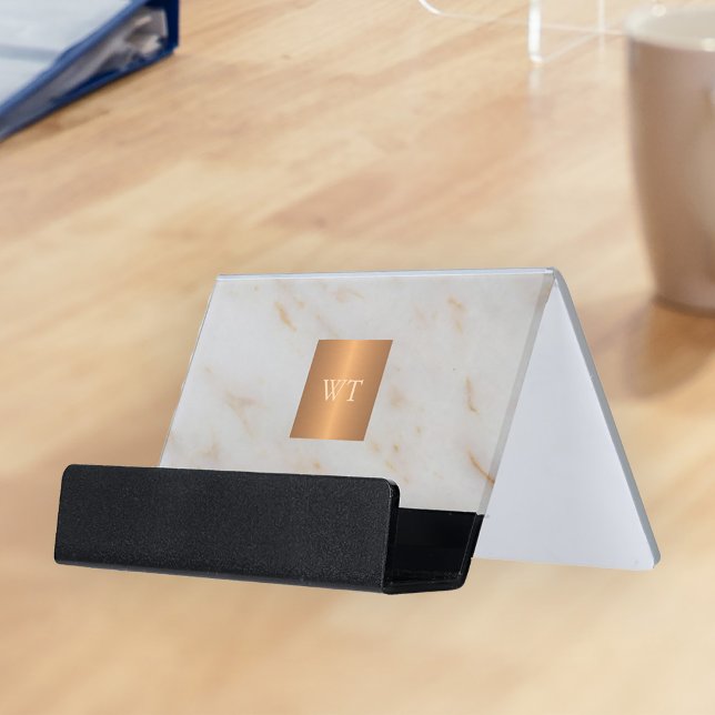 Grey modern marble metallic copper square monogram desk business card holder (Creator Uploaded)
