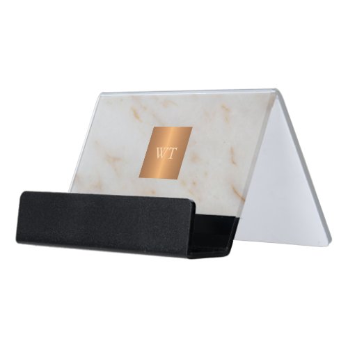 Grey modern marble metallic copper square monogram desk business card holder