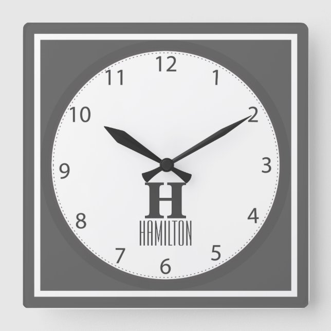Grey Modern Monogram Square Wall Clock (Front)