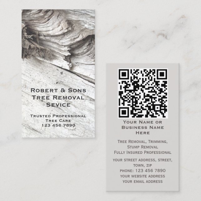 Grey Modern Rustic Tree Professional | Add QR Code Business Card (Front/Back)