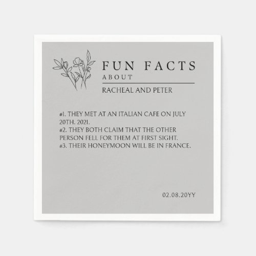 Grey Modern Simple Wild Flowers Fun Facts Wedding Napkins