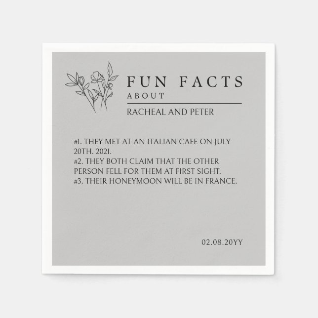 Grey Modern Simple Wild Flowers Fun Facts Wedding Napkins (Front)