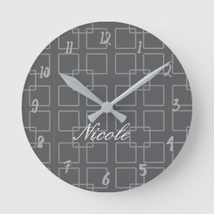 Grey Modern Squares Geometric Personalized Office Round Clock