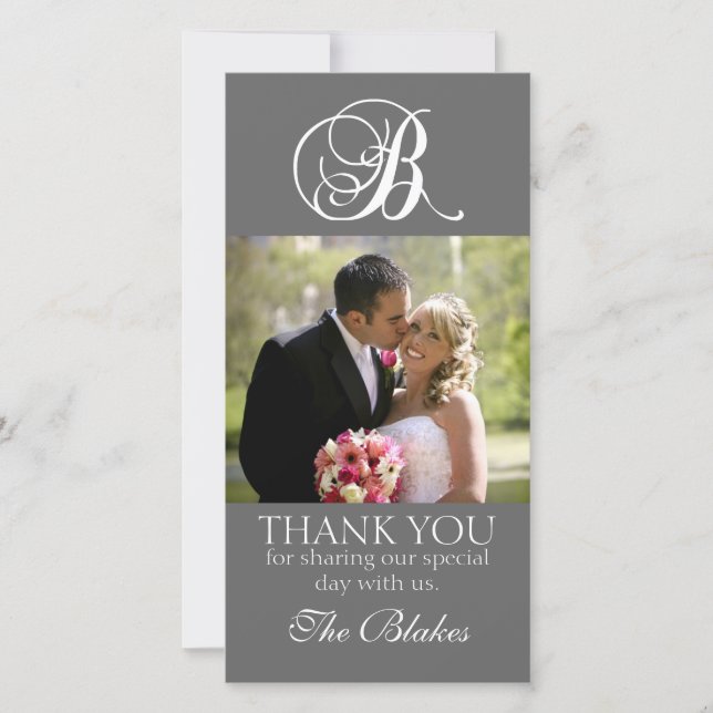 Grey Monogram B Wedding Thank You Photo Card (Front)