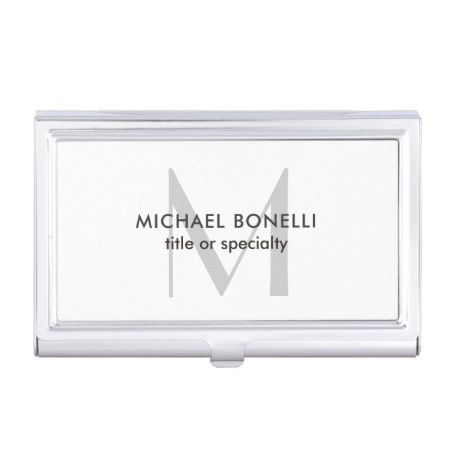 Grey Monogram Black White Minimalist Modern Business Card Case (Front)