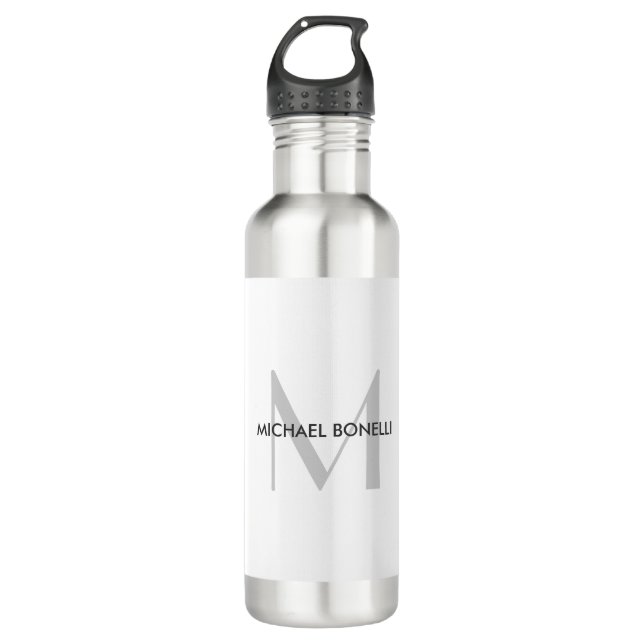 Grey Monogram Black White Name Stainless Steel Water Bottle (Front)
