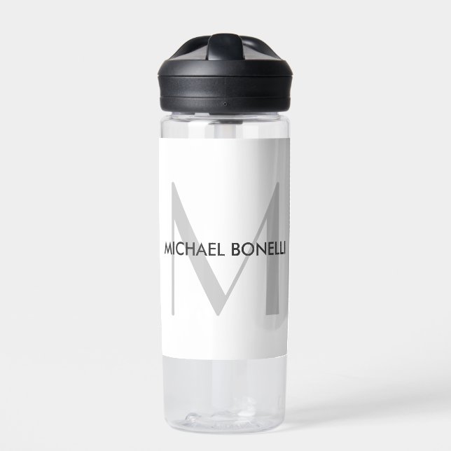 Grey Monogram Black White Name Water Bottle (Front)