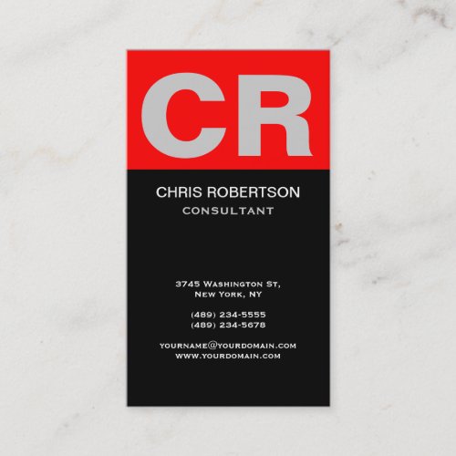 Grey Monogram Black White Red Business Card