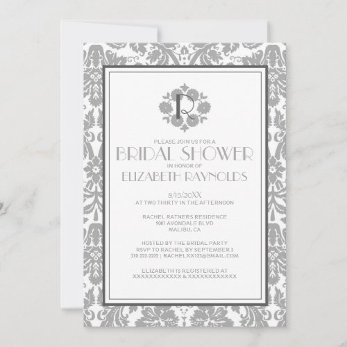 Grey Monogram Damask Bridal Shower Invitations