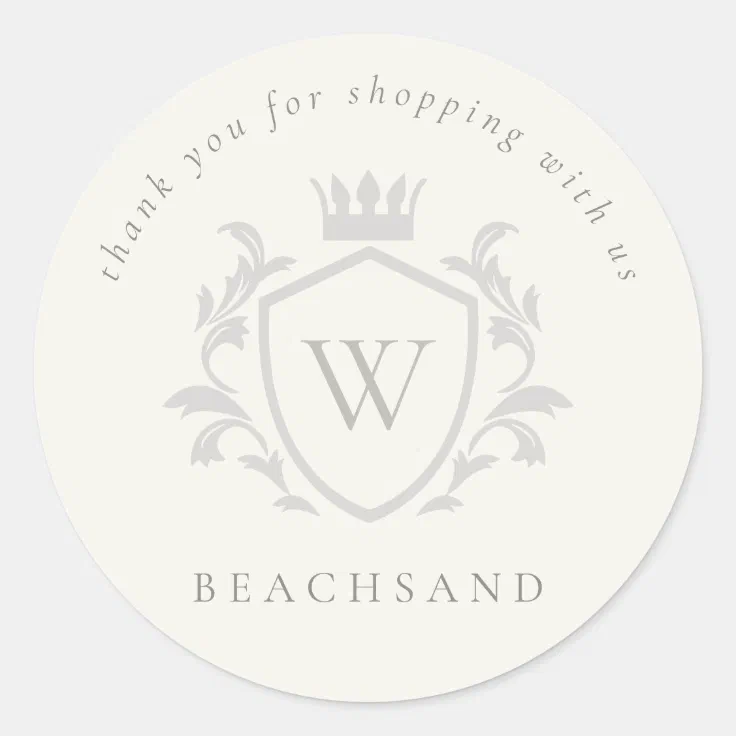 Grey Monogram Floral Crown Crest Order Thank you Classic Round Sticker