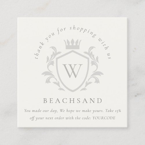 Grey Monogram Floral Crown Crest Order Thank You Square Business Card