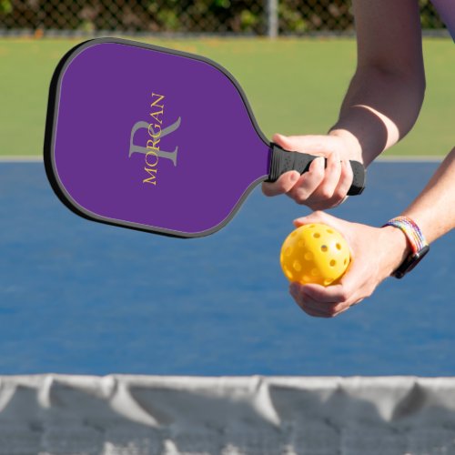 Grey Monogram  Gold Name on Royal Purple Pickleball Paddle