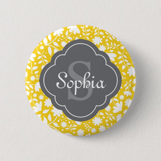 Grey Monogram Quatrefoil Yellow Floral Pattern Button (Front)