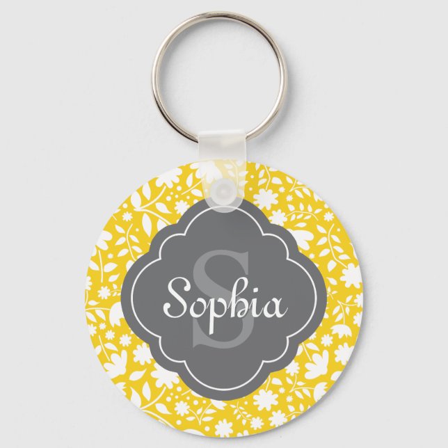 Grey Monogram Quatrefoil Yellow Floral Pattern Keychain (Front)