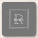 Grey Monogram S/6 Coasters<br><div class="desc">Set of 6 monogrammed grey coasters with white accent and last name.</div>