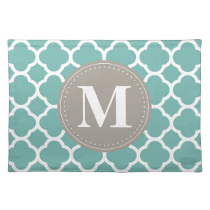 Grey Monogram Turquoise Quatrefoil Pattern Placemat