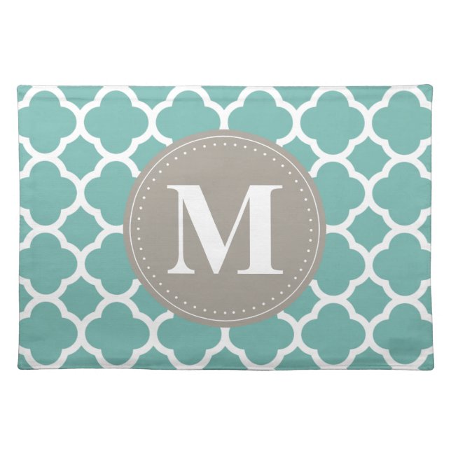 Grey Monogram Turquoise  Quatrefoil Pattern Placemat (Front)
