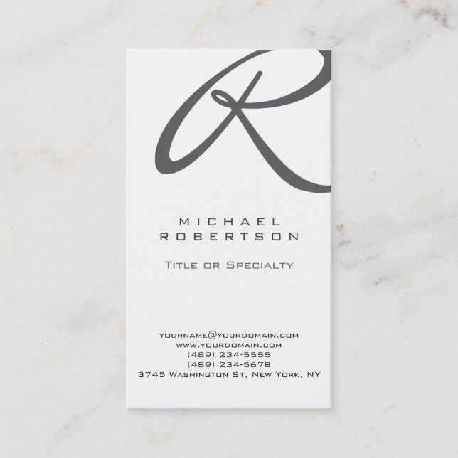 Grey Monogram White Vertical Business Card (Front)