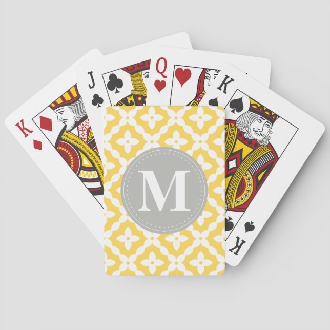 Grey Monogram Yellow Floral Pattern Pillow Poker Cards (Back)
