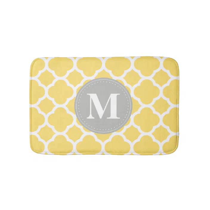 Grey Monogram Yellow Quatrefoil Pattern, Grey And Yellow Bathroom Rugs