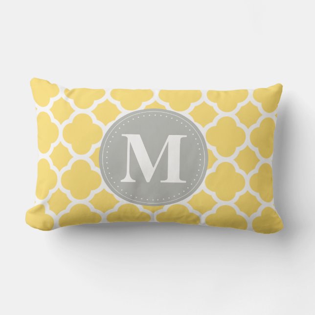 Grey Monogram Yellow Quatrefoil Pattern Lumbar Pillow (Front)
