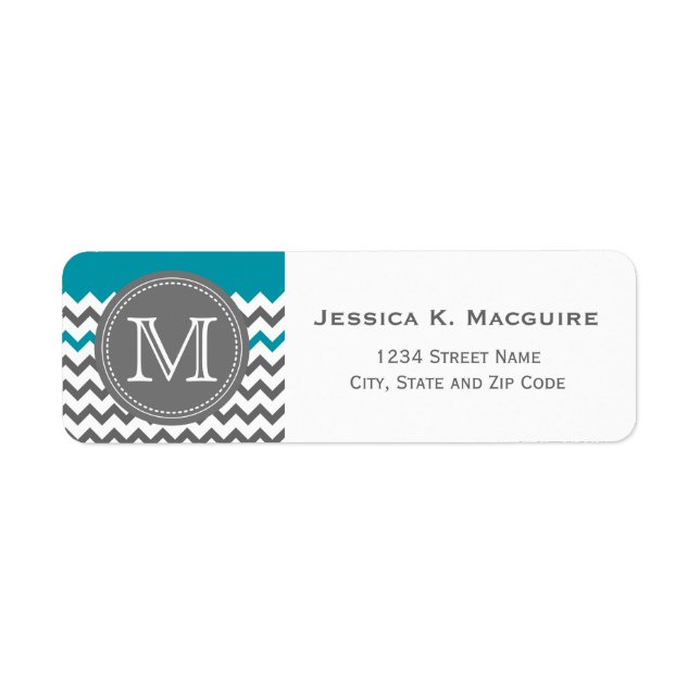 Grey Monogrammed Teal Blue Chevron Label (Front)
