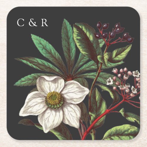 Grey Monograms Modern Vintage Christmas Rose Square Paper Coaster