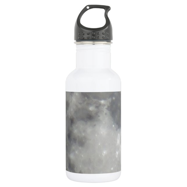Grey moon in black sky water bottle (Front)