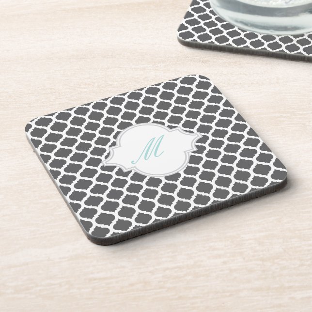 Grey Moroccan Pattern with Monogram Cork Coasters (Left Side)