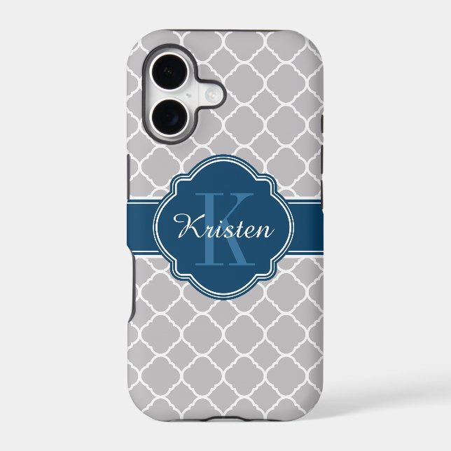Grey Moroccan Quatrefoil Pattern Blue Monogram Iphone Case (Back)