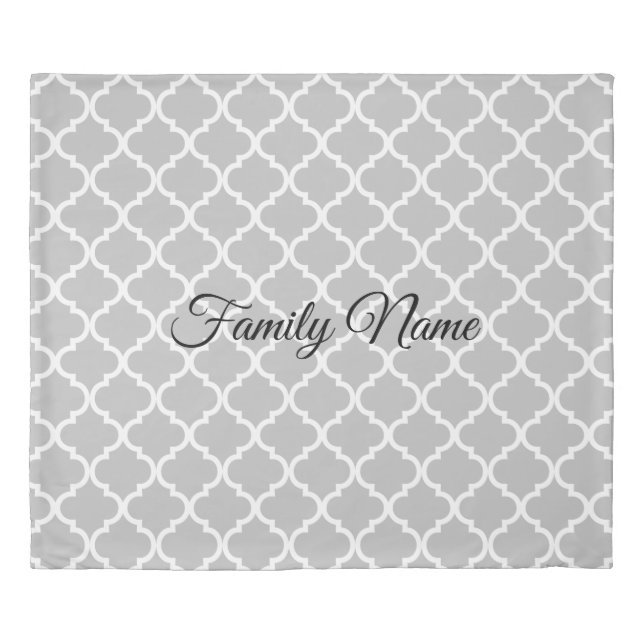 Grey moroccan quatrefoil pattern custom king size duvet cover (Front)