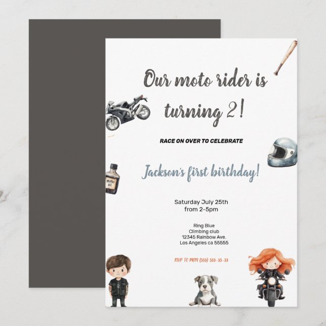 GREY MOTO RIDERS BIRTHDAY PARTY INVITATION (Front/Back)