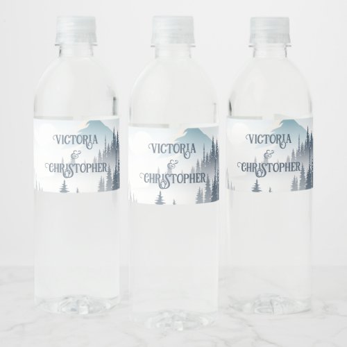 Grey Mountain Fog Forest Wilderness Custom Wedding Water Bottle Label
