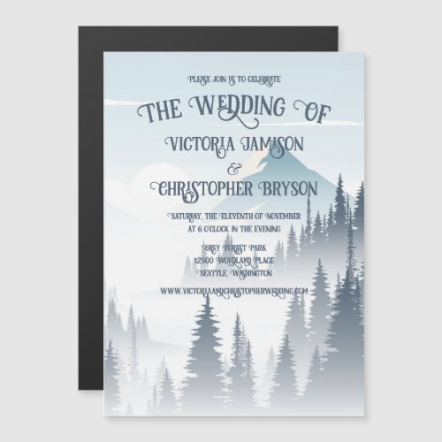 Grey Mountain Fog Forest Wilderness Winter Wedding Magnetic Invitation