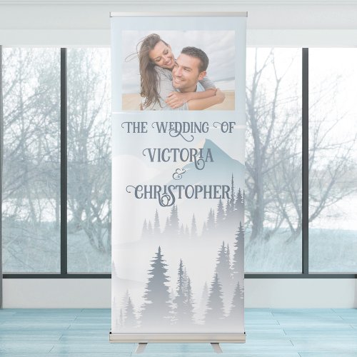 Grey Mountain Fog Forest Wilderness Winter Wedding Retractable Banner