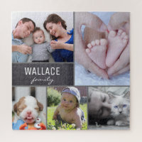 Grey Multi Picture Collage photos with family name Jigsaw Puzzle