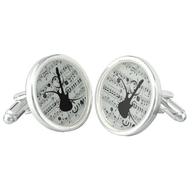 Grey Music Notes Abstract Black Guitar Cufflinks (Angled)