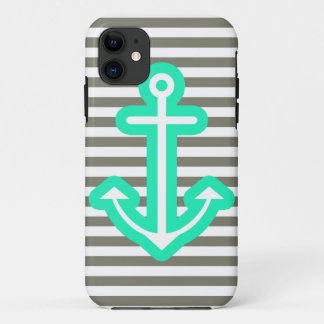Grey Nautical Mint Anchor iPhone 11 Case