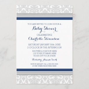 Grey Navy Blue Custom Baby Shower Invitations