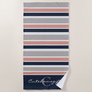 Grey Navy Blue Pink Coastal Stripes Monogram