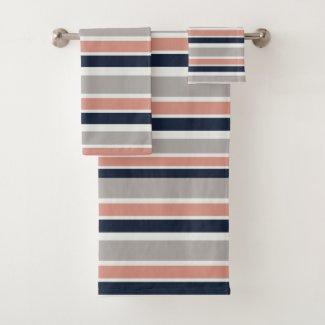 Grey Navy Blue Pink Coastal Stripes Pattern
